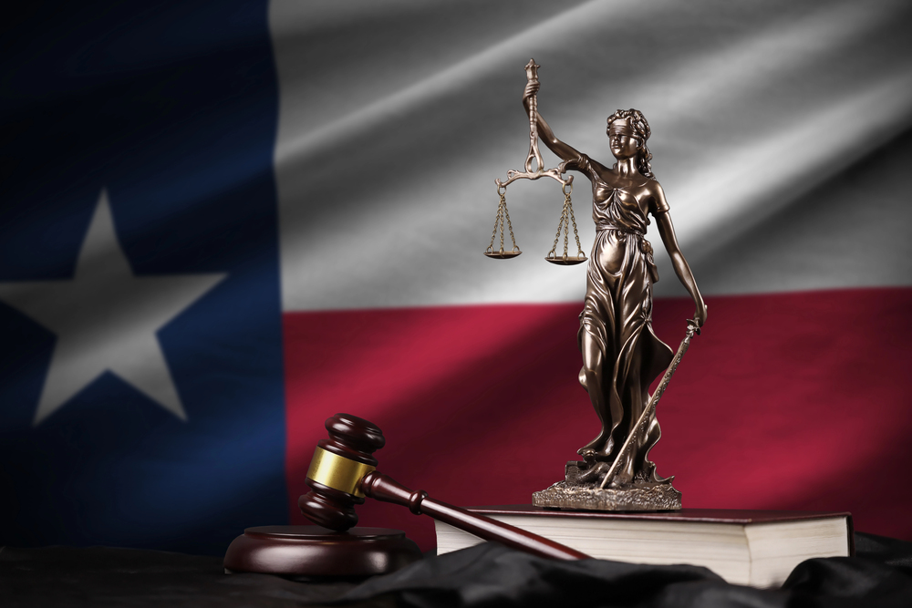 Court hearing for an eviction case in Texas with a judge, landlord, and tenant.