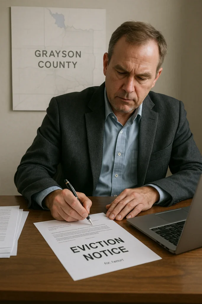 Landlord drafting an eviction notice in Grayson County, Texas, for a rental property tenant