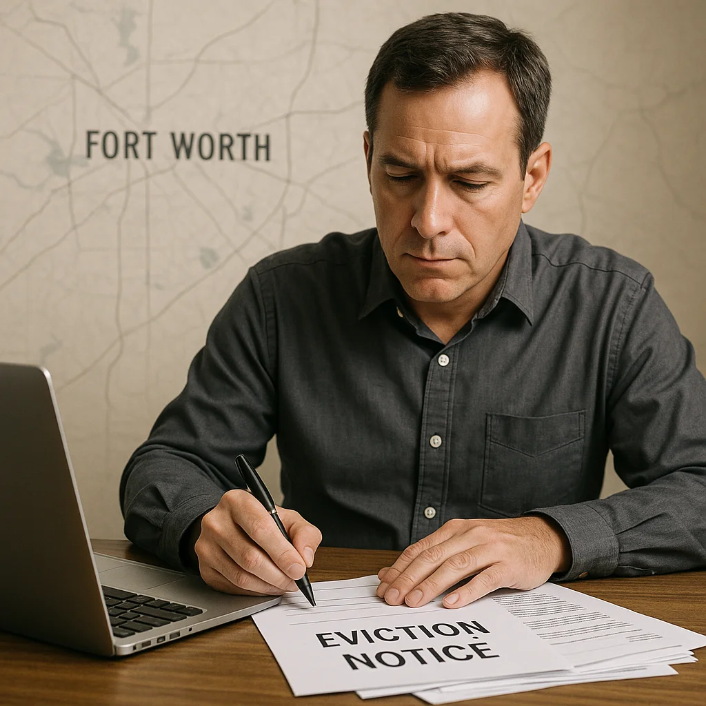 Landlord preparing an eviction notice for a tenant in Fort Worth, Texas, learning how to evict someone in Fort Worth
