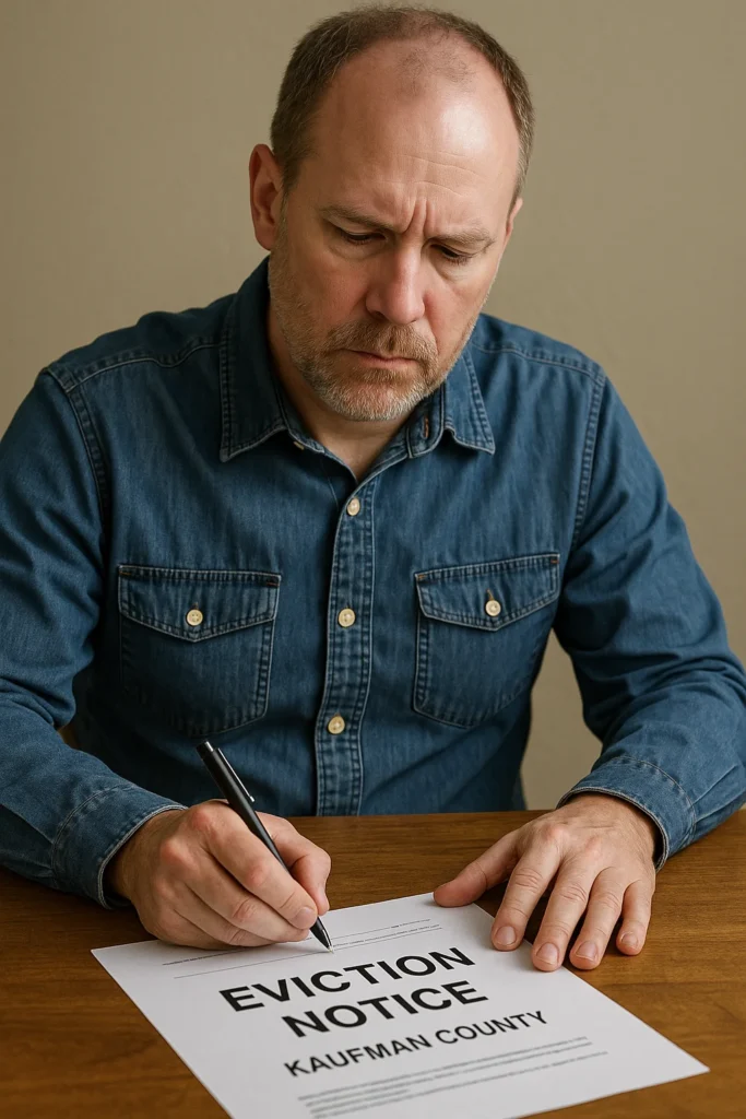 Landlord preparing an eviction notice in Kaufman County, Texas, for tenants or squatters