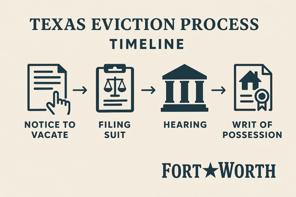 Infographic showing the Texas eviction process timeline in Fort Worth, illustrating how to evict someone in Fort Worth.
