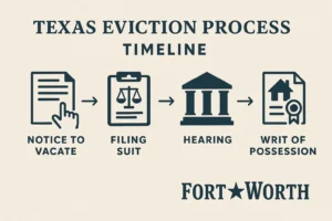 Infographic showing the Texas eviction process timeline in Fort Worth, illustrating how to evict someone in Fort Worth.
