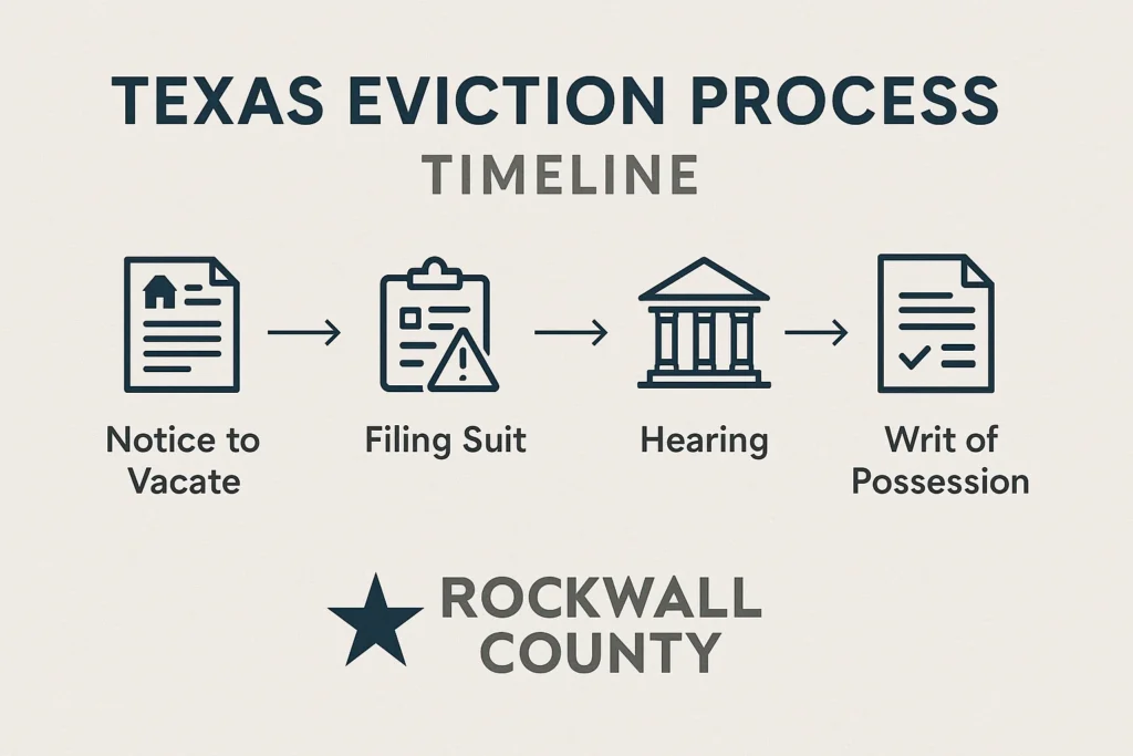 Infographic showing the Texas eviction process timeline in Rockwall County, explaining the eviction notice Rockwall steps